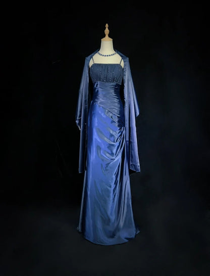 Elegante Ballkleider Meerjungfrau Spaghetti-Träger Marineblau Mit Umhang Ärmelloses Langes Abendkleid N2880