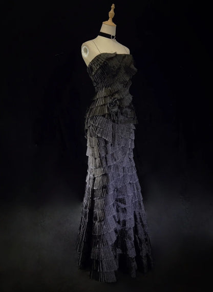 Robes de bal vintage des années 90 sirène à fines bretelles noires avec couches superposées longue robe de soirée semi-formelle N3665