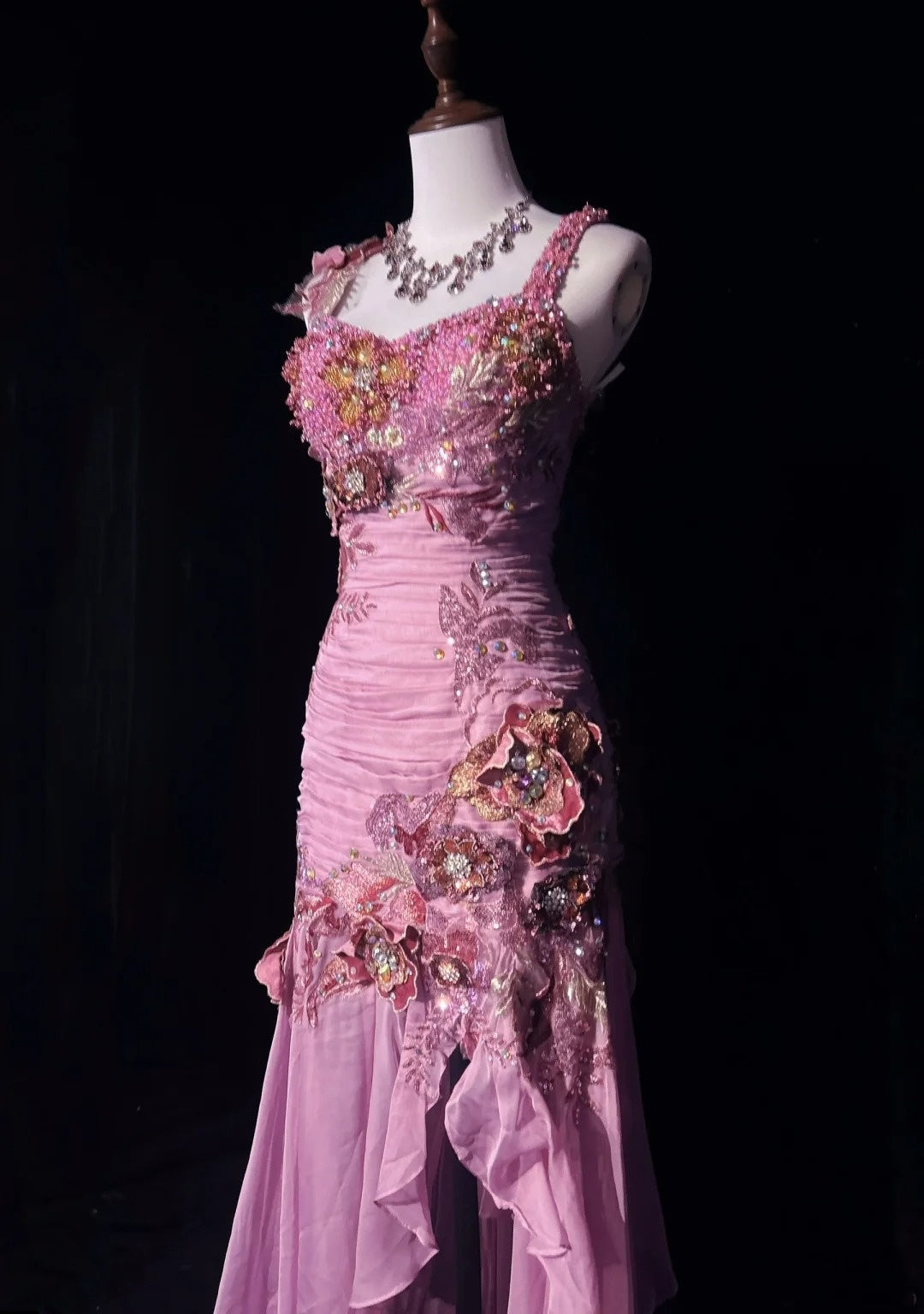 Elegant Sheath Spaghetti Strap Pink Chiffon With Beaded Bodice Formal Dress High Low Prom Dresses N2736
