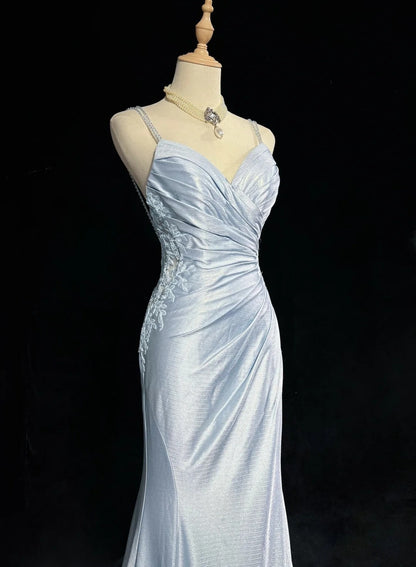 Robes de Bal Modestes Sirène à Bretelles Fines Bleu Ciel Clair avec Appliques Tenues de Soirée N3690