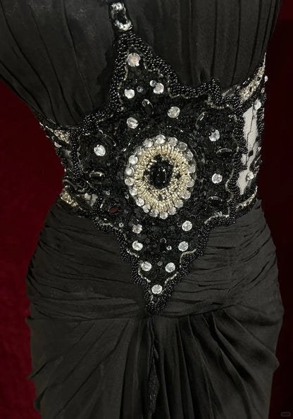 Vintage Prom Dresses Mermaid Halter Black Tulle Long 80s Party Evening Formal Gown RC1147