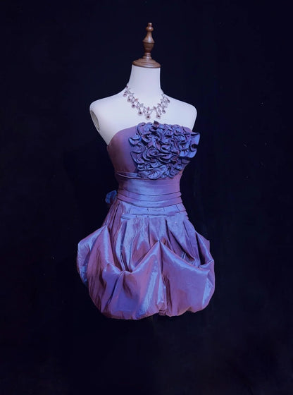 Vintage Ball Gown Strapless Purple Taffeta Short Party Dress Cocktail Gown Homecoming Dresses N3891