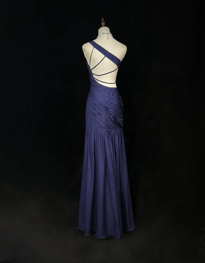 Dreamy 90s Prom Dresses Mermaid One Shoulder Navy Blue With Pleated Formal Evening Outfits N3836