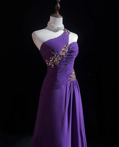 Robes de bal vintage Trapèze Asymétrique Violet Mousseline Années 80 Avec perles Longues tenues de soirée N3889