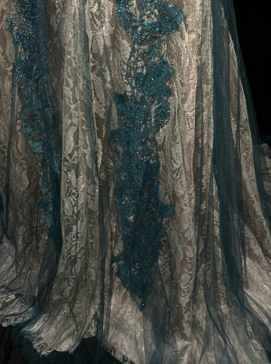 Inspiration Robes de bal vintage Sirène Dentelle Bleu Tulle Dentelle Années 80 avec Appliques Robes de soirée N3366