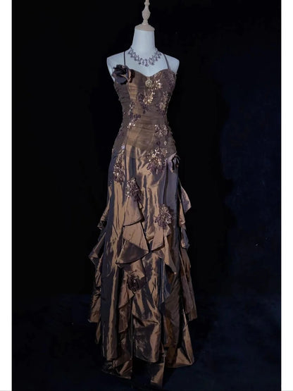 Robes de bal modestes trapèze à fines bretelles en satin marron sans manches longues tenues de soirée formelles N3639
