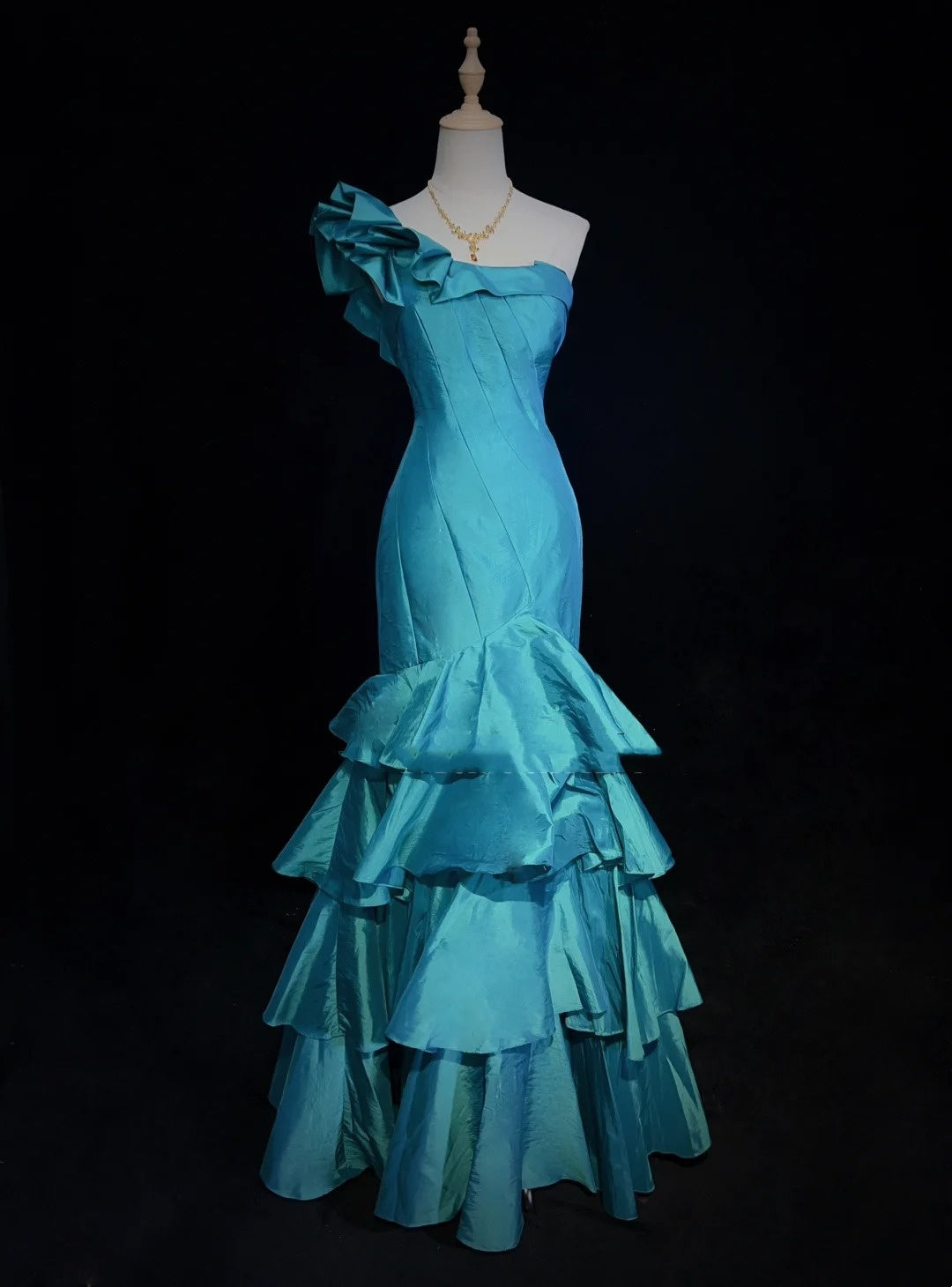 Vintage Prom Dresses 80s Mermaid One Shoulder Blue Satin Sleeveless With Ruffled Semi Formal Evening Outfits N3623