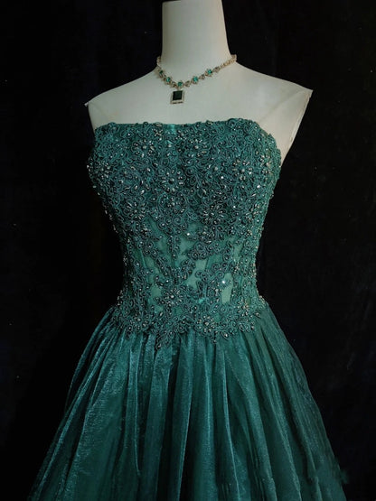 Robes de bal de promo modestes sans bretelles vert foncé avec dentelle appliquée, longues robes de soirée N3451