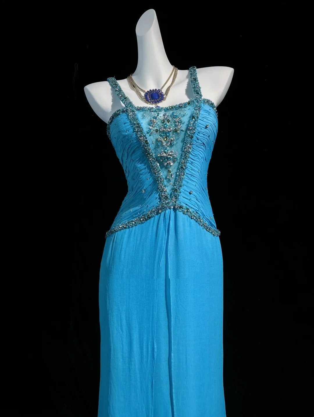 Vintage Ballkleider Meerjungfrau Neckholder Blau Chiffon 80er mit Perlenstickerei Lange Formelle Abendgarderobe N4201