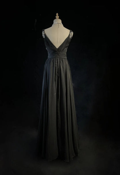 Vintage Prom Dresses A line V Neck Black Tie Chiffon 80s With Beading Long Formal Evening Outfits N4221