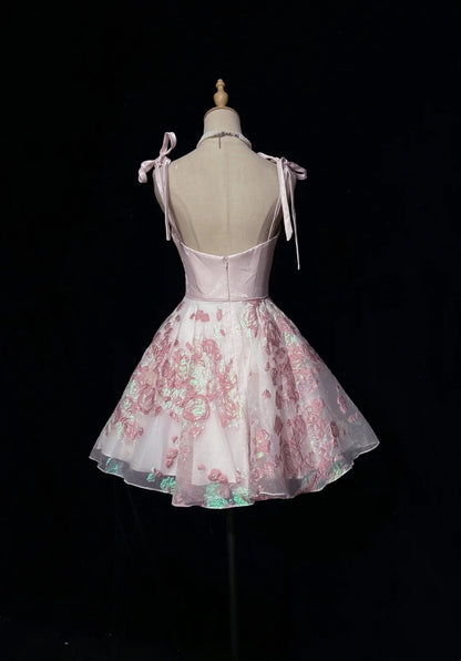 Cute Hoco Dress Ball Gown Spaghetti Straps Pink Short Homecoming Party Dress RC0108