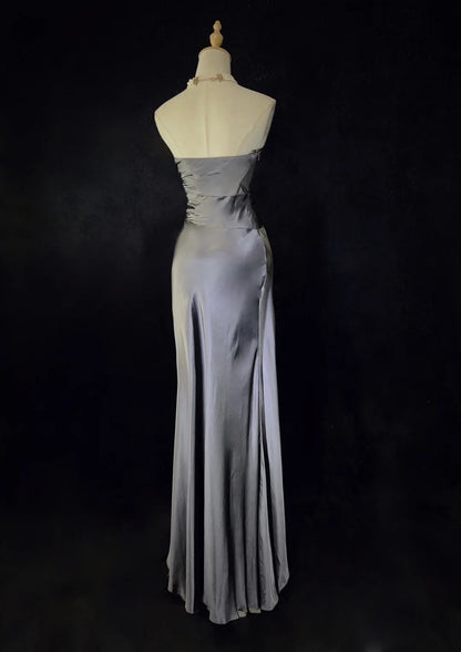Robes de bal modestes Robes de soirée sirène en satin gris à bretelles spaghetti N3471
