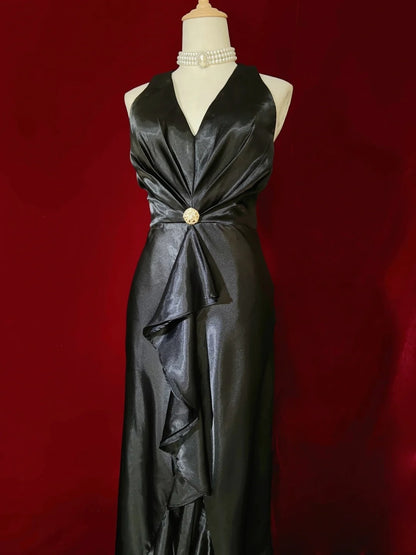 Wunderschöne Abschlussballkleider Meerjungfrau V-Ausschnitt Black Tie Kleid Satin mit Rüschen-Oberteil Lange Abendgarderobe N3368