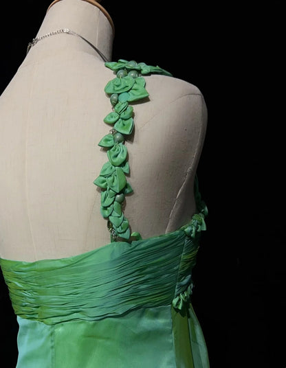 Exquisite Prom Dresses A Line One Shoulder Green Chiffon With Flowers Long Formal Dress N2889