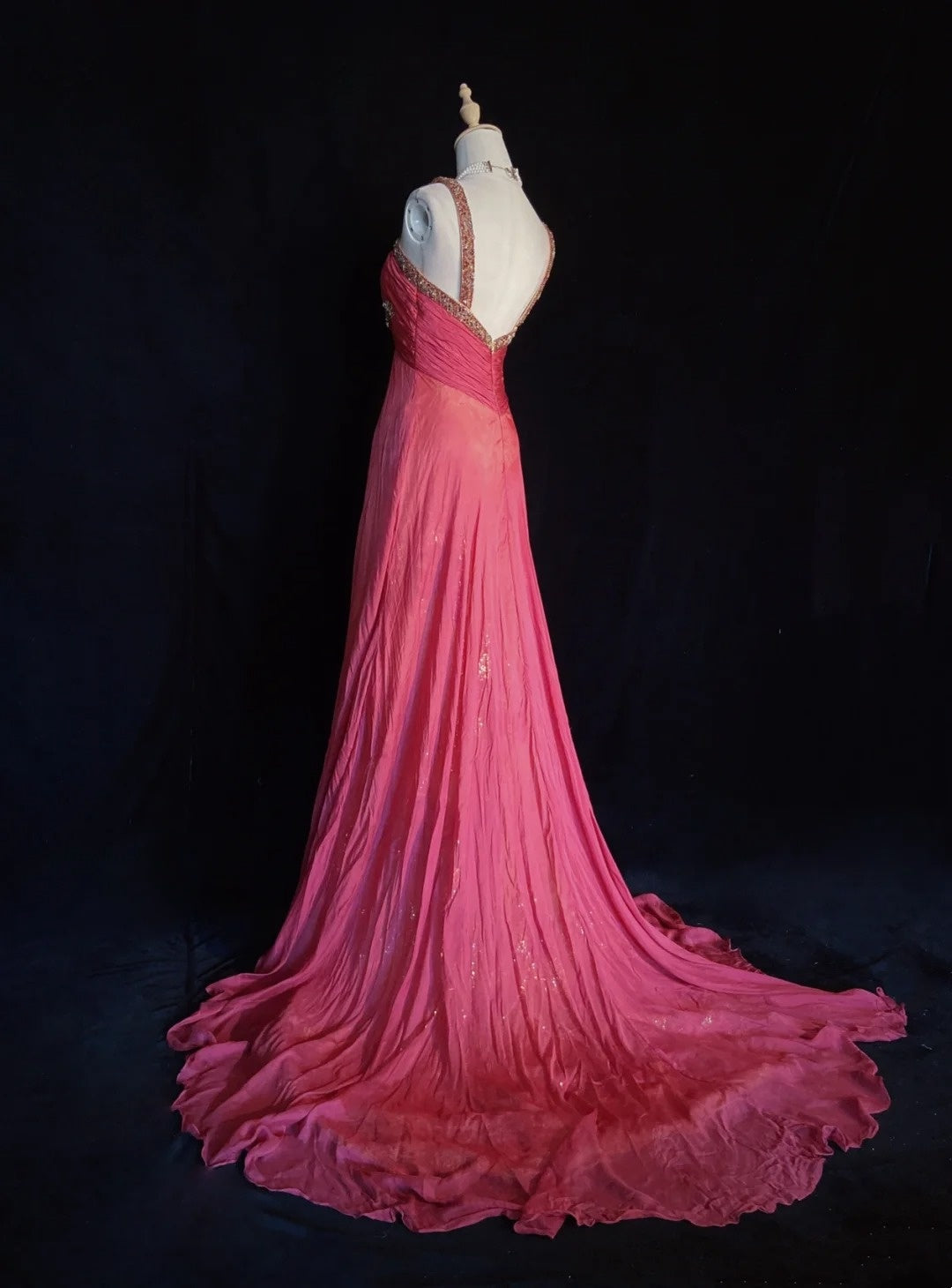 Vintage Prom Dresses A Line Halter Hot Pink Chiffon With Gold Lace Long Formal Evening Outfits N3856