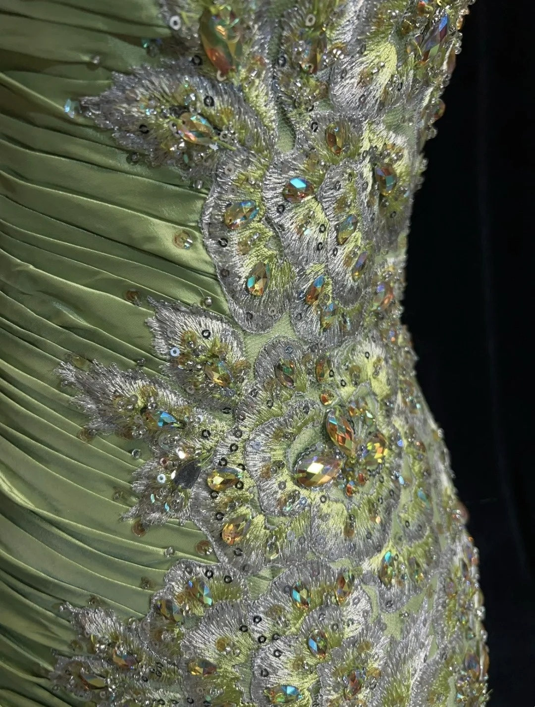 Vintage Abschlussballkleider Meerjungfrau Spaghettiträger Salbeigrün mit Applikationen 80er Jahre Langes Ballkleid N2728