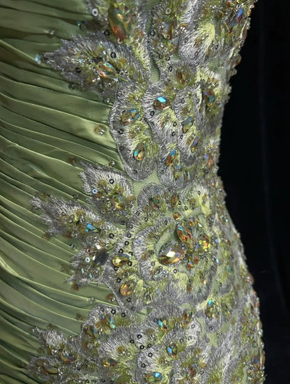 Vintage Abschlussballkleider Meerjungfrau Spaghettiträger Salbeigrün mit Applikationen 80er Jahre Langes Ballkleid N2728