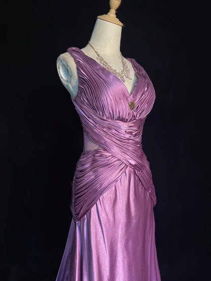Bescheidene Abschlussballkleider im Meerjungfrau-Stil, V-Ausschnitt, Satin mit Rüschen-Schleppe für Damen, formelles Kleid N3229