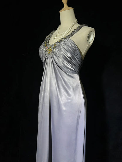 Inspiration für Vintage-Ballkleider A-Linie Neckholder Grau Lang 1990er mit goldener Perlenstickerei Abendkleider N3326
