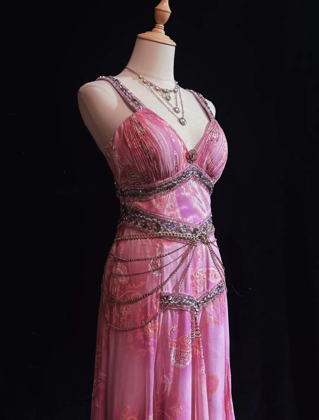 Vintage Prom Dresses Inspo A line High Low Pink Chiffon With Beads 80s Long Formal Gown N2734