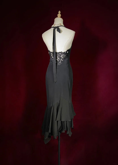Vintage Abschlussballkleider Meerjungfrau Neckholder Schwarz Chiffon Teelänge Ärmellos 1980er Jahre Ballkleid N2869