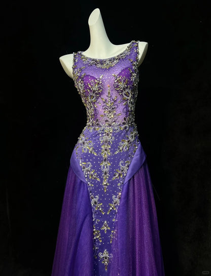 Sirène Vintage Col Bateau Violet Avec Perles Tulle Robes De Bal Longues Inspirations Tenues De Soirée RB4343