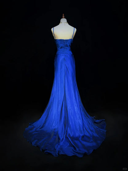 Vintage Abschlussballkleider Inspo Meerjungfrau Spaghettiträger Königsblau mit Rüschen 80er Jahre Langes Abendkleid N2744