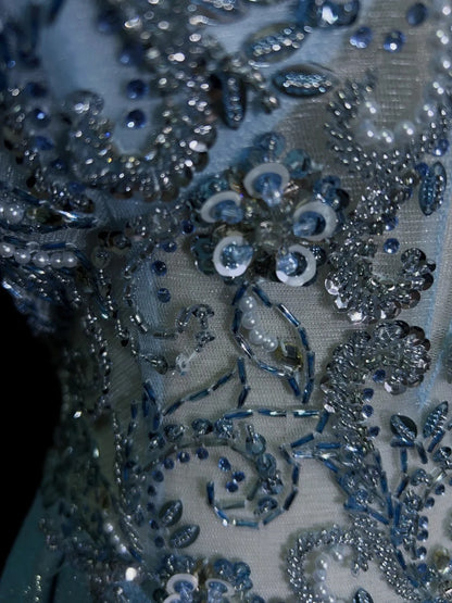 Inspiration Robes de Bal Élégantes Sirène Col V Bretelles Paillettes Bleues avec Volants pour Femmes Robe de Soirée N3227