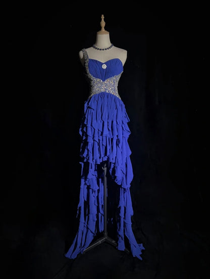 Elegante Abschlussballkleider A-Linie High-Low One-Shoulder Königsblau Chiffon mit Perlen ärmellos langes Abendkleid N2881