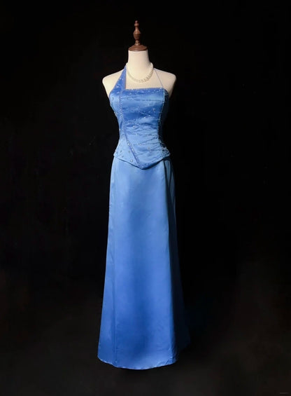 Vintage Prom Dresses A Line Halter Blue Satin With Beading Long Formal Dress N2461