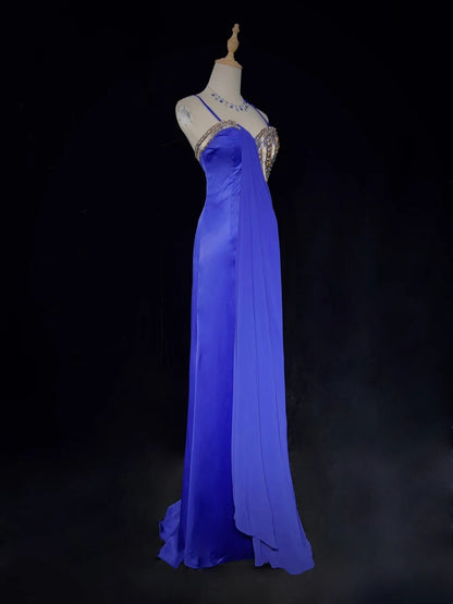 Robes de bal vintage sirène à fines bretelles bleu roi années 70 avec perles robe de soirée longue N2516