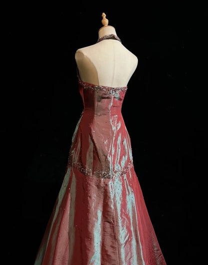Robes de bal vintage des années 80 Robe de soirée dos nu en satin longueur ras du sol avec perles plissées Tenues de soirée N3126