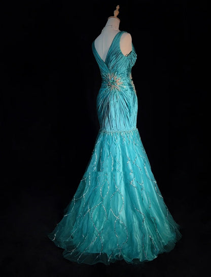 Robes de bal modestes d'inspiration sirène col en V bleu avec perles à volants pour femme robe de soirée N3234