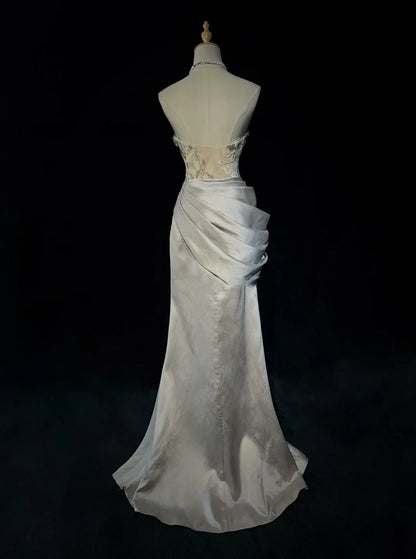 Vintage Prom Dresses 80s Mermaid Sweetheart Silver Grey With Beading Semi Formal Evening Outfits N3638