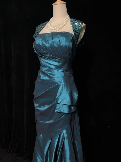 Belles robes de bal sirène col carré sarcelle dos nu avec bustier volanté longues tenues de soirée N3363
