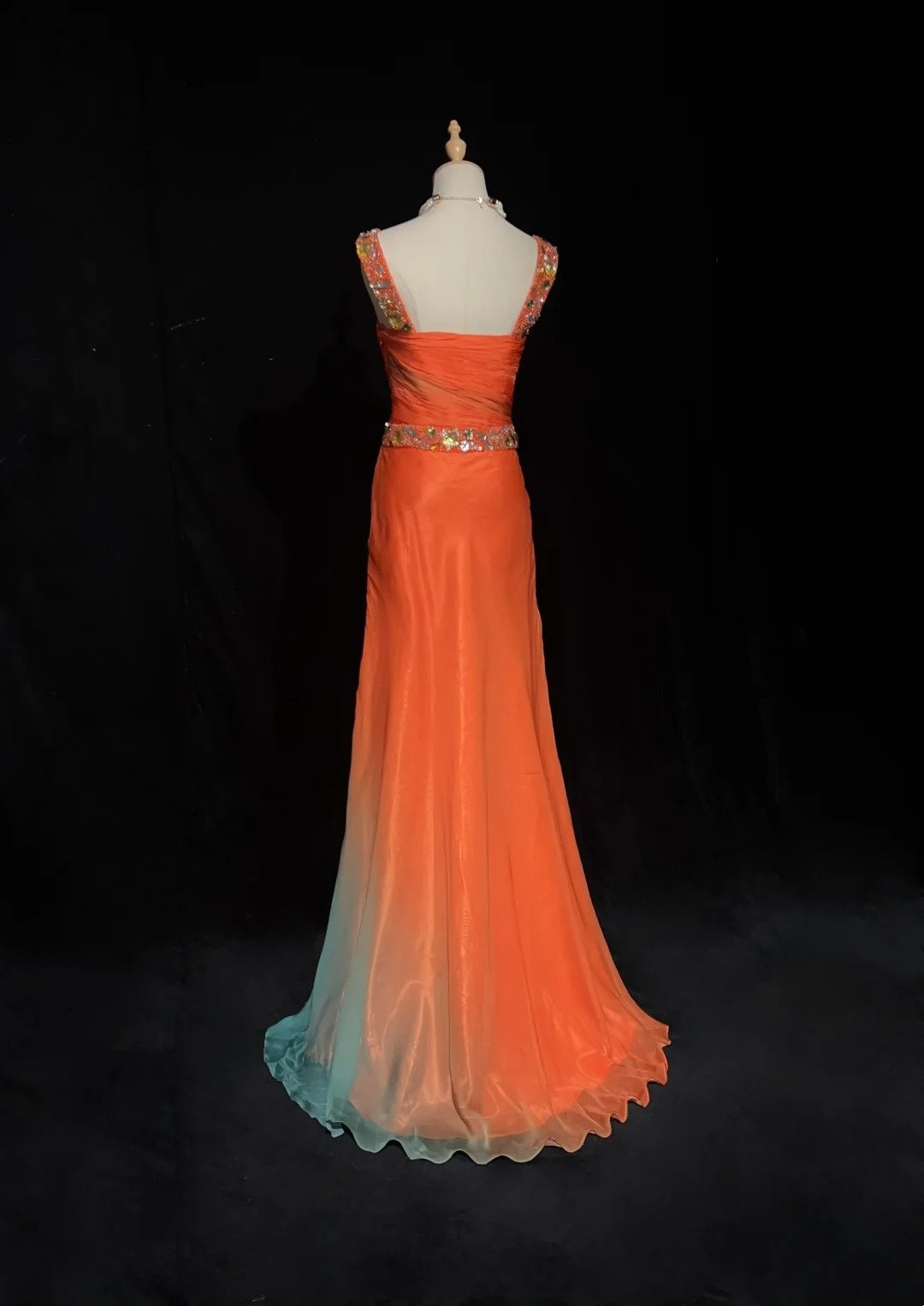 Robes de bal vintage des années 1960, col carré, trapèze, dégradé orange, mousseline, perles, longue robe de bal N3104