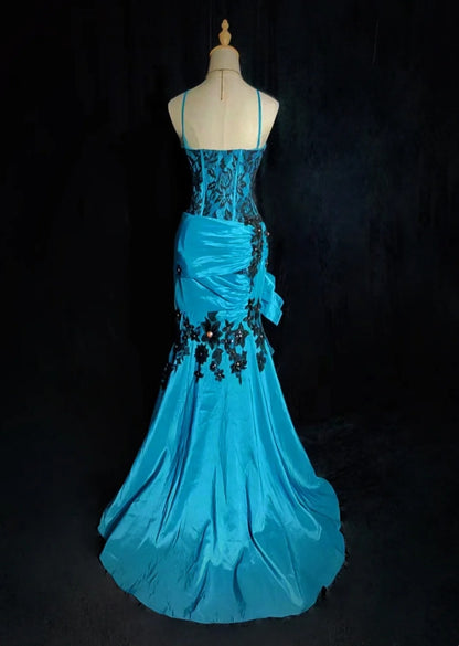 Vintage-Abschlussballkleider-Inspiration Meerjungfrau Neckholder Blau Schwarz Spitze 80er Jahre mit Rüschenapplikationen formale Kleider N3362