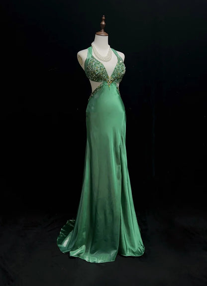 Vintage Prom Dresses Mermaid Halter Backless Green Beaded 90s Long Formal Evening Gown N2648