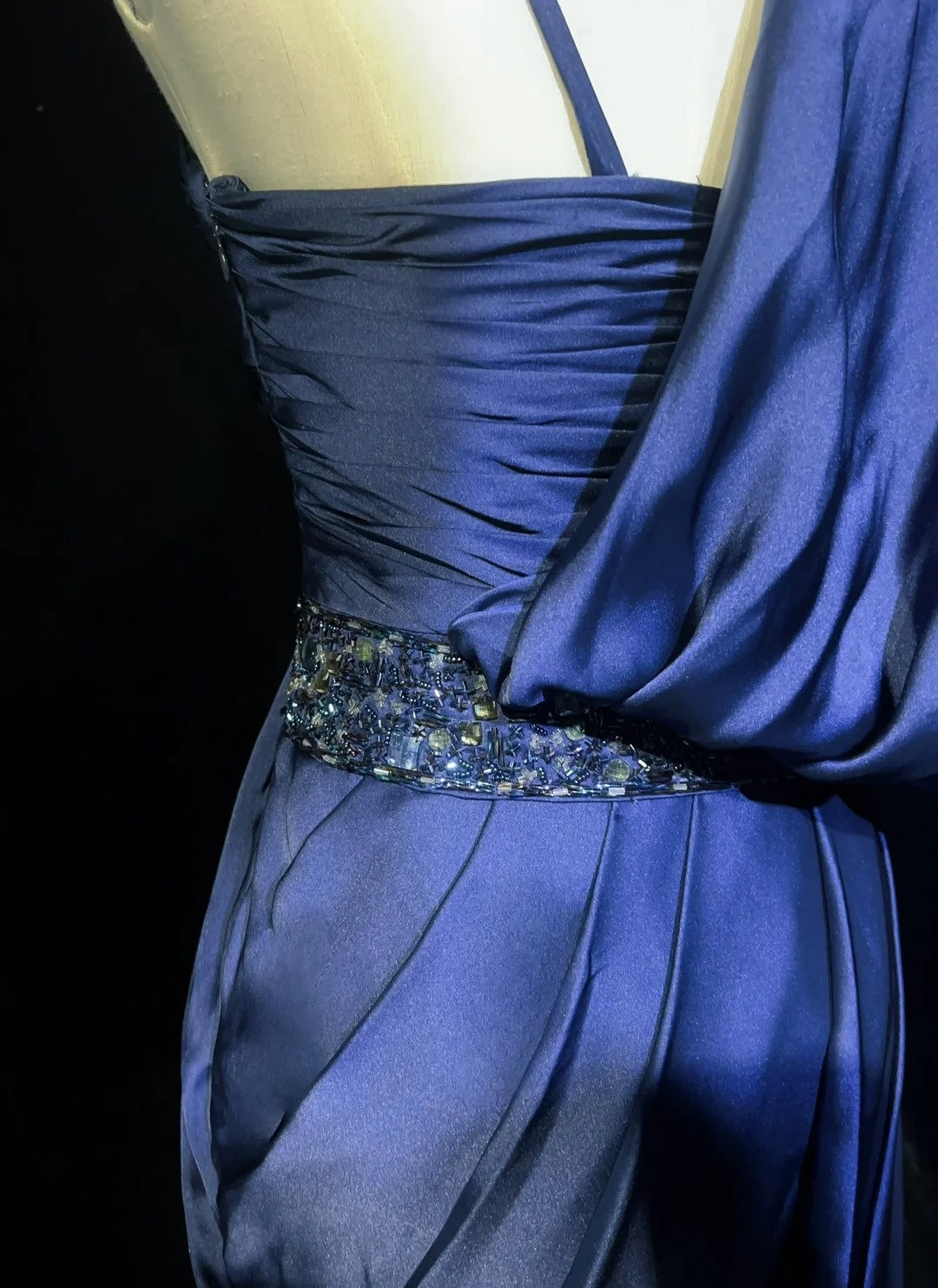 Vintage Prom Dresses Sheath Navy Blue Satin 1990s Long Formal Evening Gown N2663