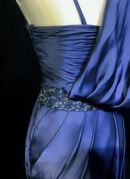 Vintage Prom Dresses Sheath Navy Blue Satin 1990s Long Formal Evening Gown N2663
