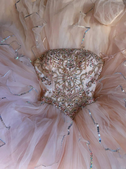 Sweet Ball Gown Strapless Short Sleeves Pink Sequined Long Formal Dress Birthday Prom Dresses With Jacket N2861