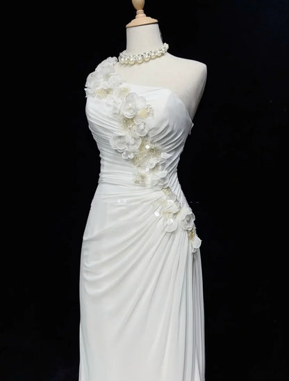 Unique Wedding Dresses Mermaid One Shoulder White Chiffon With Beading Summer Garden Long Bridal Gown N3679