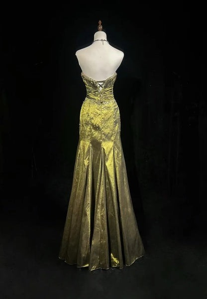 Vintage Prom Dresses 80s Mermaid Sweetheart Olive Green Satin Long With Beading Evening Formal Outfits RB5136
