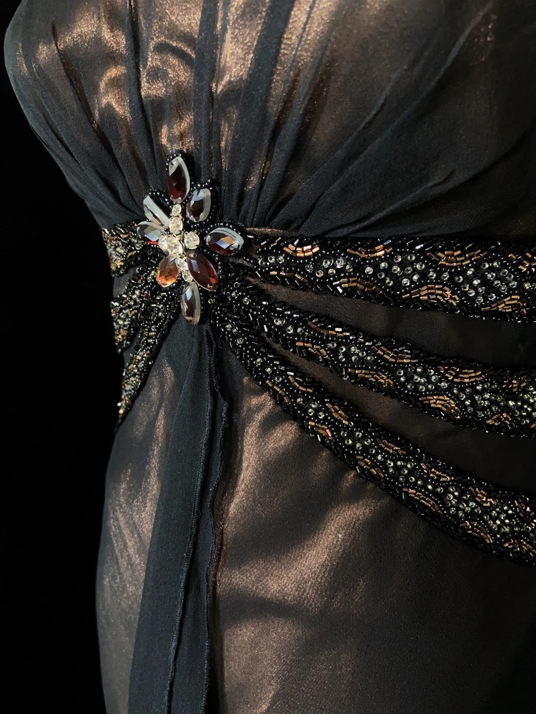 Robes de bal vintage Bretelles fines Sirène Satin marron Mousseline noire Longues tenues de soirée N3861