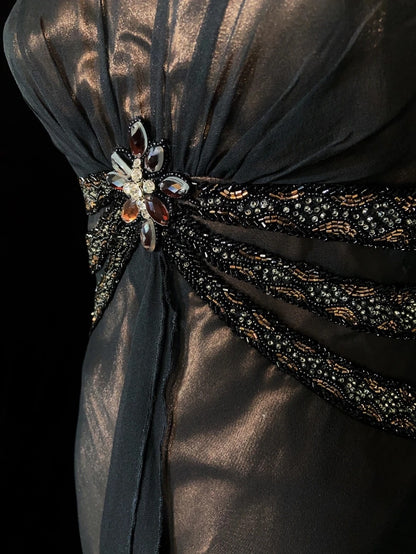 Robes de bal vintage Bretelles fines Sirène Satin marron Mousseline noire Longues tenues de soirée N3861
