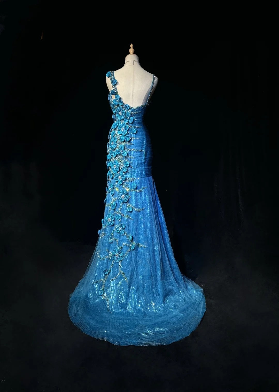 Robes de bal vintage des années 80 Robe de soirée longue asymétrique à paillettes bleu roi et bretelle irrégulière N2537