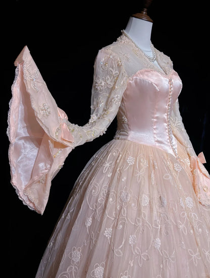Prinzessin Abschlussballkleider Ballkleid V-Ausschnitt Rosa Spitze mit langen Ärmeln mit Perlen Formelle Abendgarderobe N3878