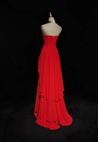 Robes de bal vintage en cœur ligne A rouges années 70 avec volants en mousseline longue robe de soirée formelle N2524