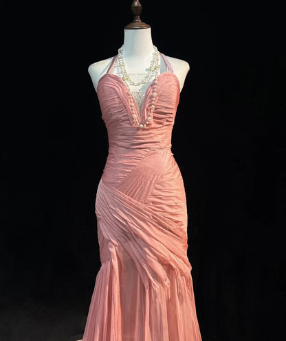 Robe de soirée longue sirène vintage rose plissée sans manches pour anniversaire, bal de promo N2447