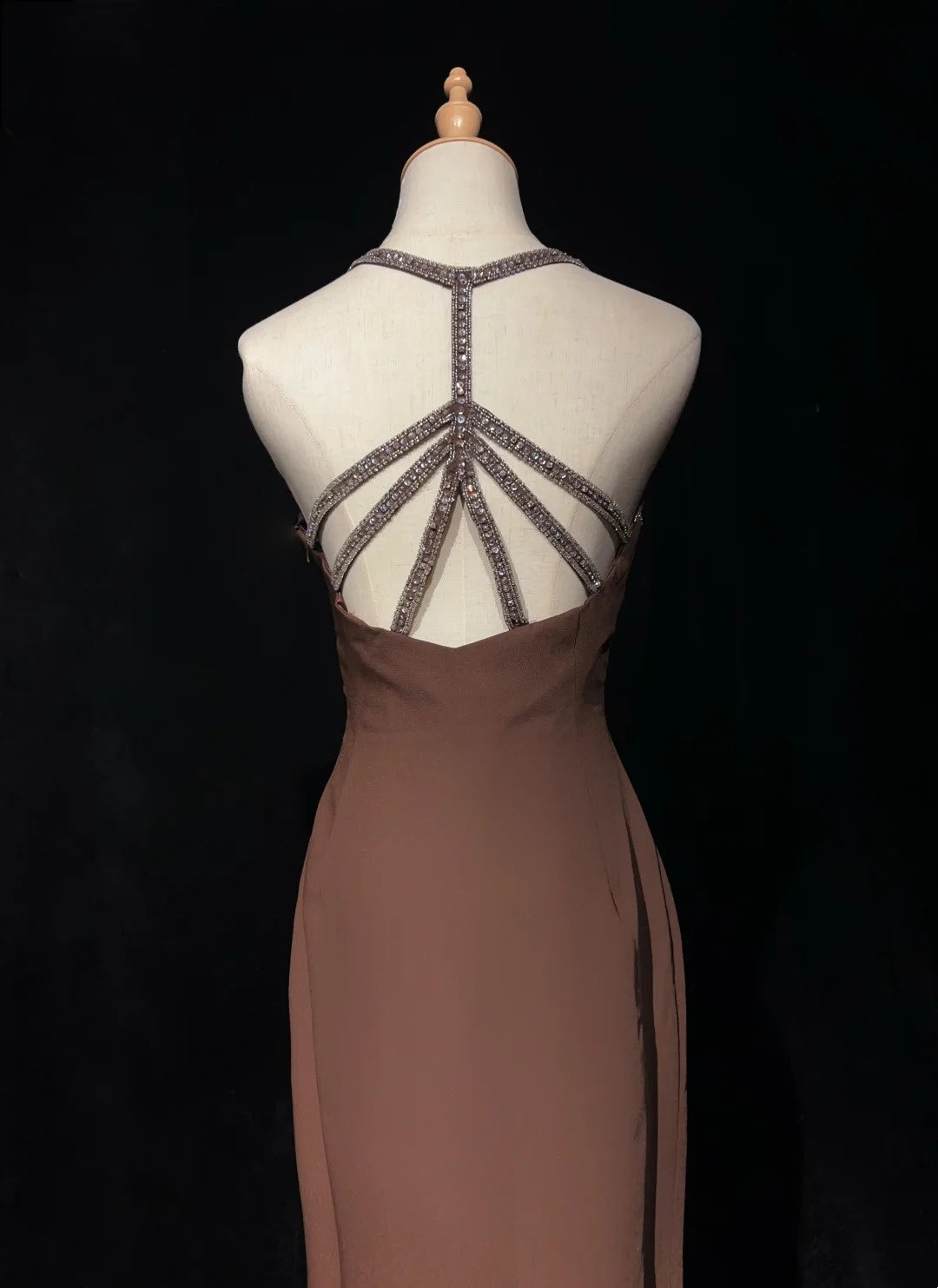 Vintage Ballkleid A-Linie Spaghettiträger Braun Chiffon Lang 70er Jahre Abendkleid N2578